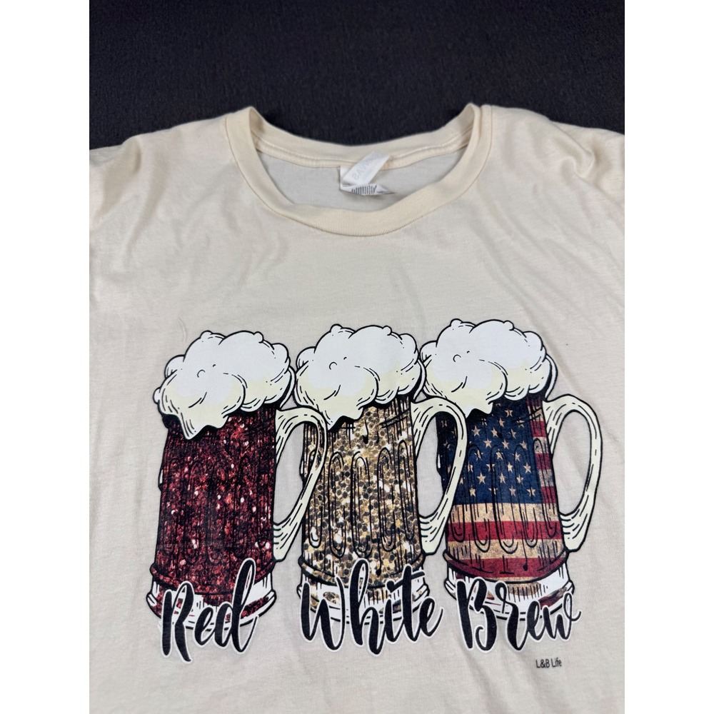 L&B Life Red White Brew Patriotic Beer Graphic‎ T-Shirt Cream XL